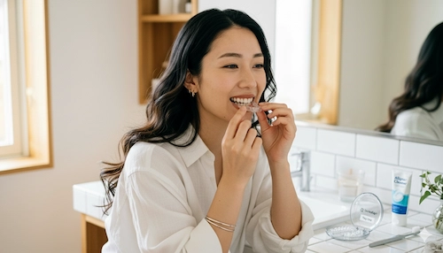 マウスピース矯正中の女性