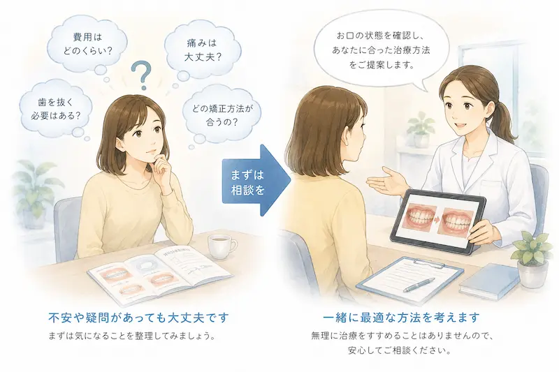 矯正治療の疑問点を思うままに質問しているようすを描いたイラスト