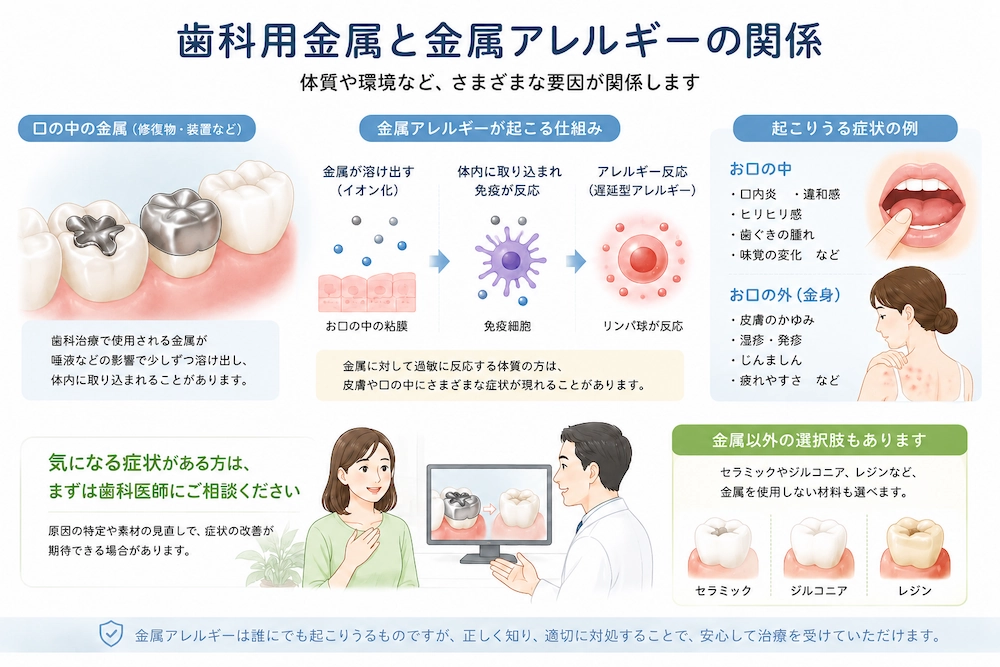 歯科用金属と金属アレルギーの関係、発症の仕組みや症状を示した解説図