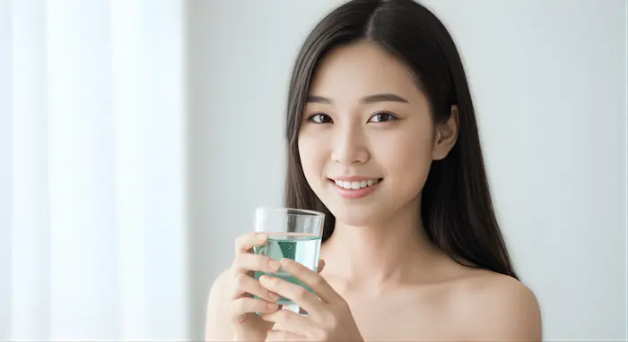 うがい薬の入ったコップを持つ女性